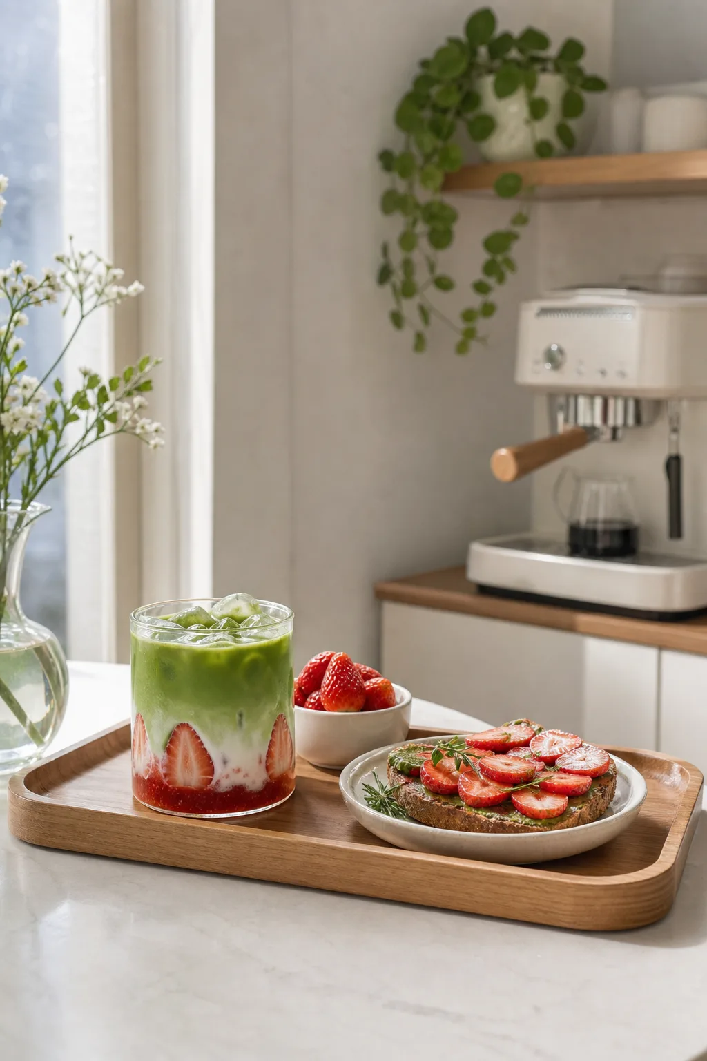 Strawberry Matcha Breakfast Cafe Tray